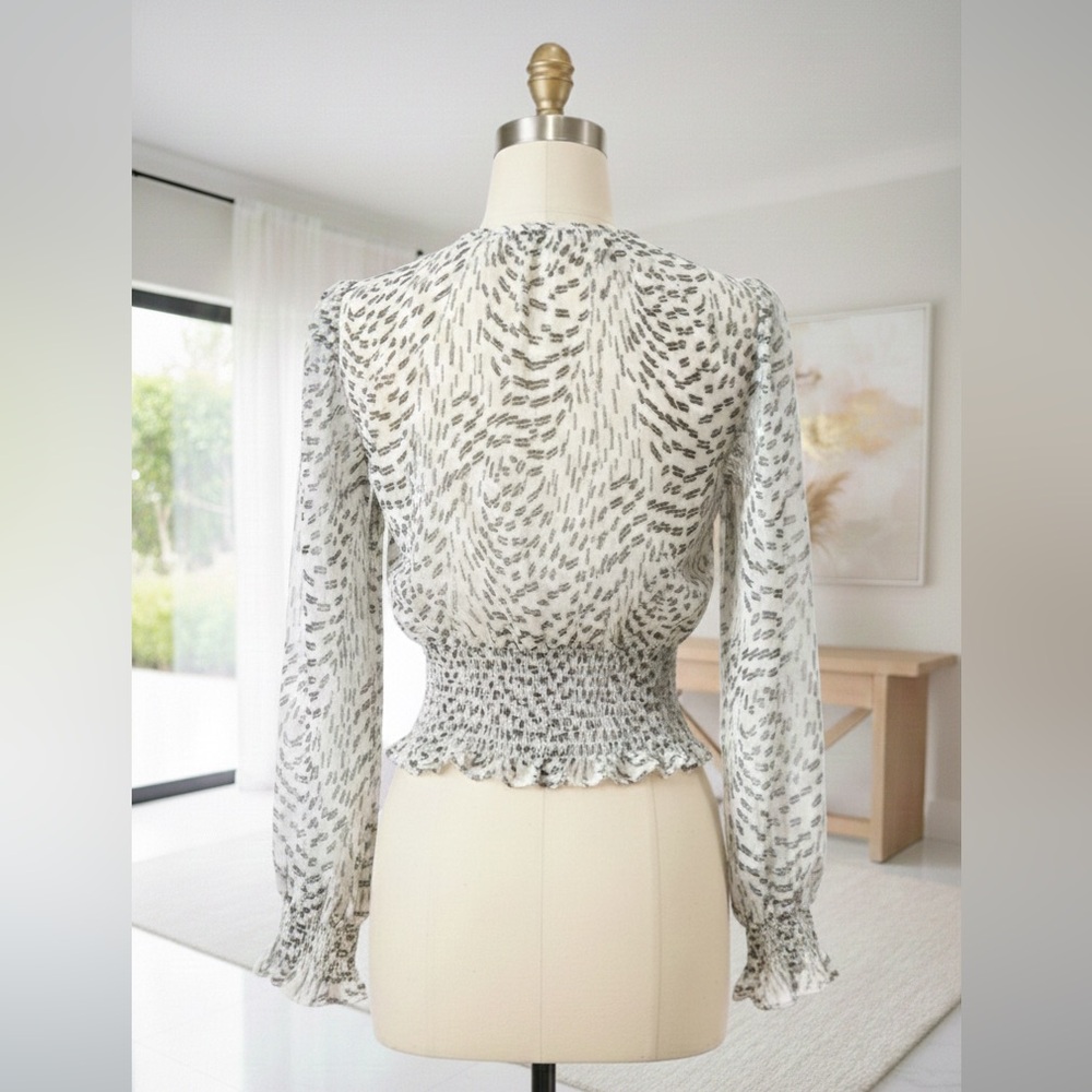 Ramy Brook Black and White metallic Printed V-Neck Smocked Waist top - Picture 3 of 6